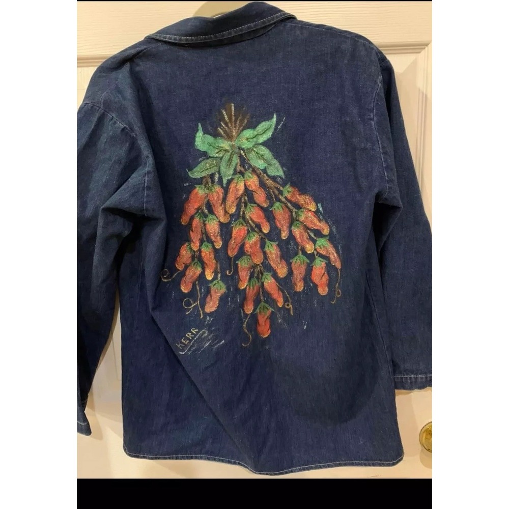 Vtg Denim Jean Jacket Blazer Hand Painted Art Southwest Chili 80s Small Medium